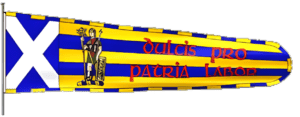 Guidon of McKerrel displaying scotland flag and motto witha roman centurion