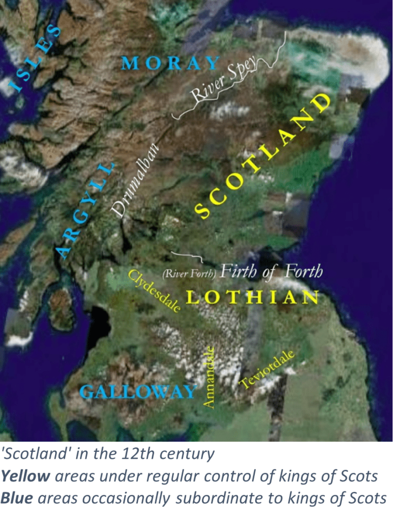 A map of Scotland in 12th Century depicting areas controlled by the Kings